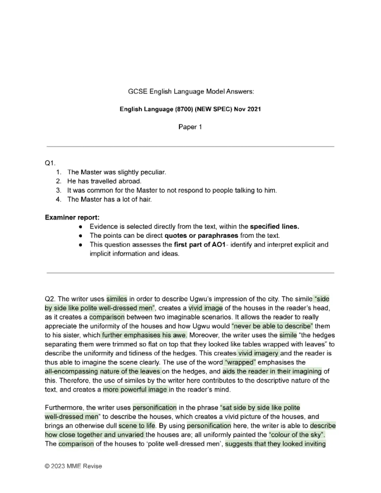 GCSE English Language Paper 1 2021 Model Answers PDF - Grade 9, AQA, November Answers