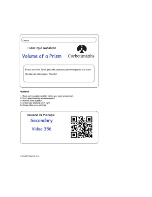 Corbettmaths Volume of Prism Questions and Answers PDF for GCSE