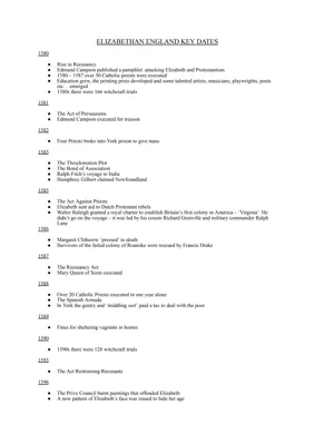 Key Dates - Elizabethan England 