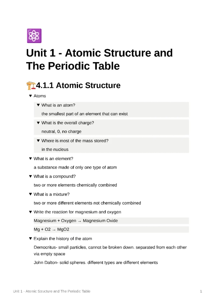 GCSE Atomic Structure and Periodic Table Questions, Notes, and PDFs