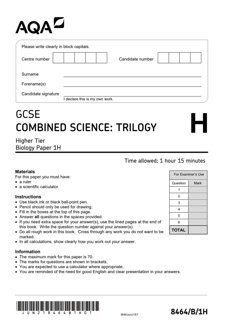 AQA November 2021 Biology Paper 1 Higher - Past Paper PDF with Answers, Mark Scheme