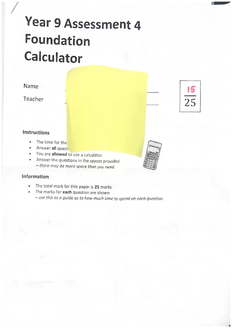 Year 9 Foundation Assessment Calculator Paper with Answers - Free PDF