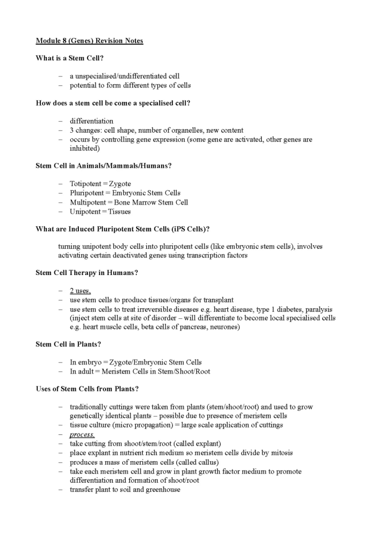 Les cellules souches et l'expression des gènes en Module 8 de biologie