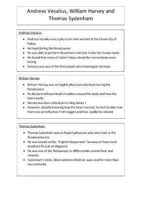 Discoveries of Andreas Vesalius, William Harvey, and Thomas Sydenham