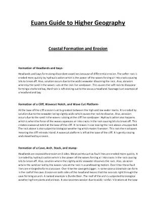 Higher Geography Coastal Formation and Erosion Notes with Diagrams For Kids