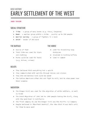 American West GCSE - Early Settlement, Questions & Notes