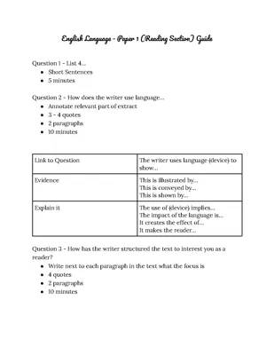 English Language Paper 1 Reading Section Guide and Model Answers