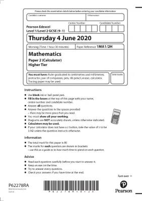 Edexcel GCSE Maths June 2020 Paper 2 Mark Scheme and Answers