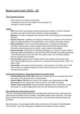 Summary of USA Economic Boom and Crash 1920-55