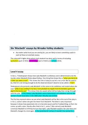 Macbeth Student Essay Examples with Grading - Grade 9 PDF