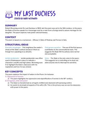 Summary Revision Notes for My Last Duchess PDF - Line by Line Analysis & Themes