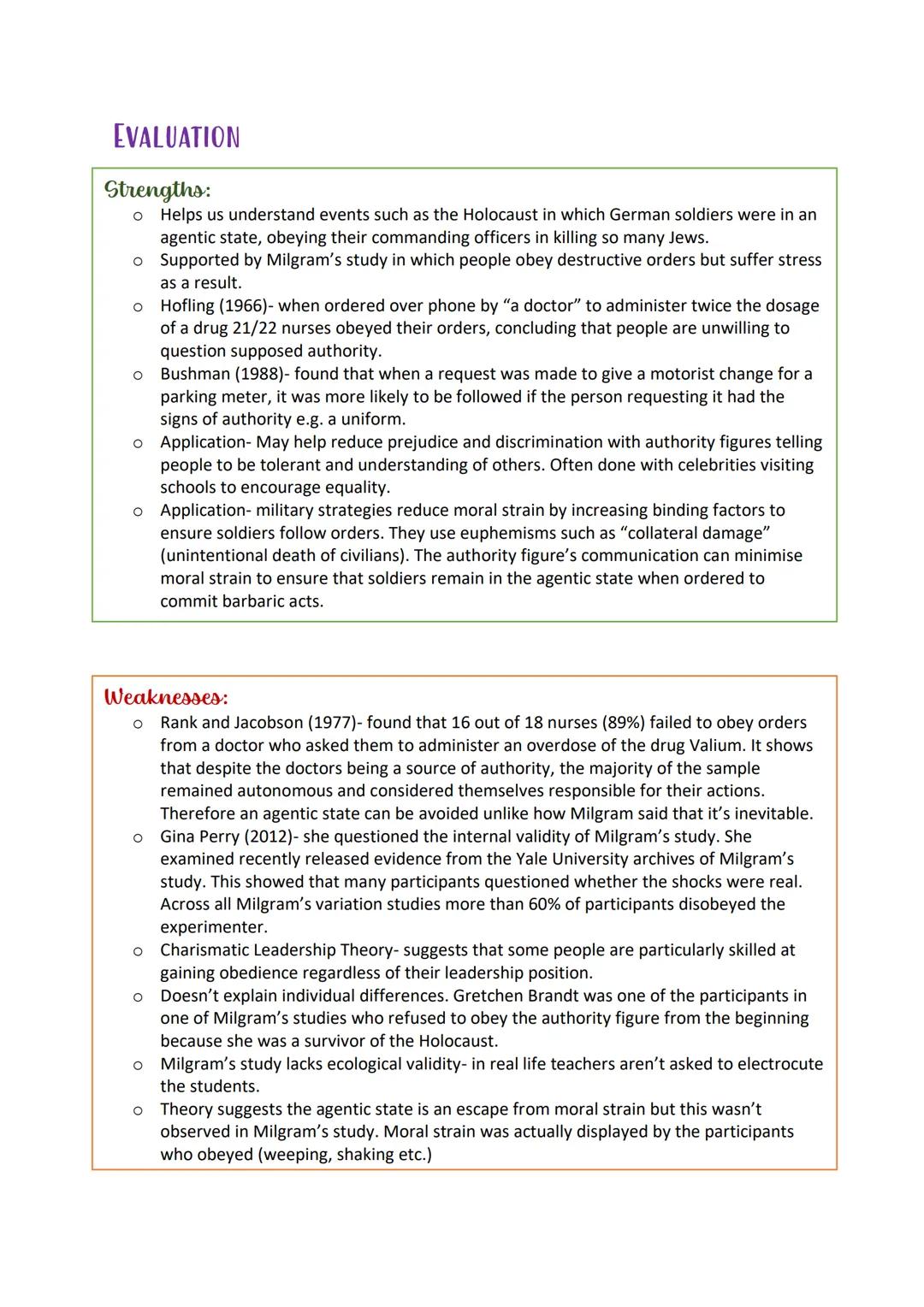 Milgram's Agency Theory
KEY TERMS:
Obedience-complying with the rules set by a recognised authority. The individual gives up
their free will