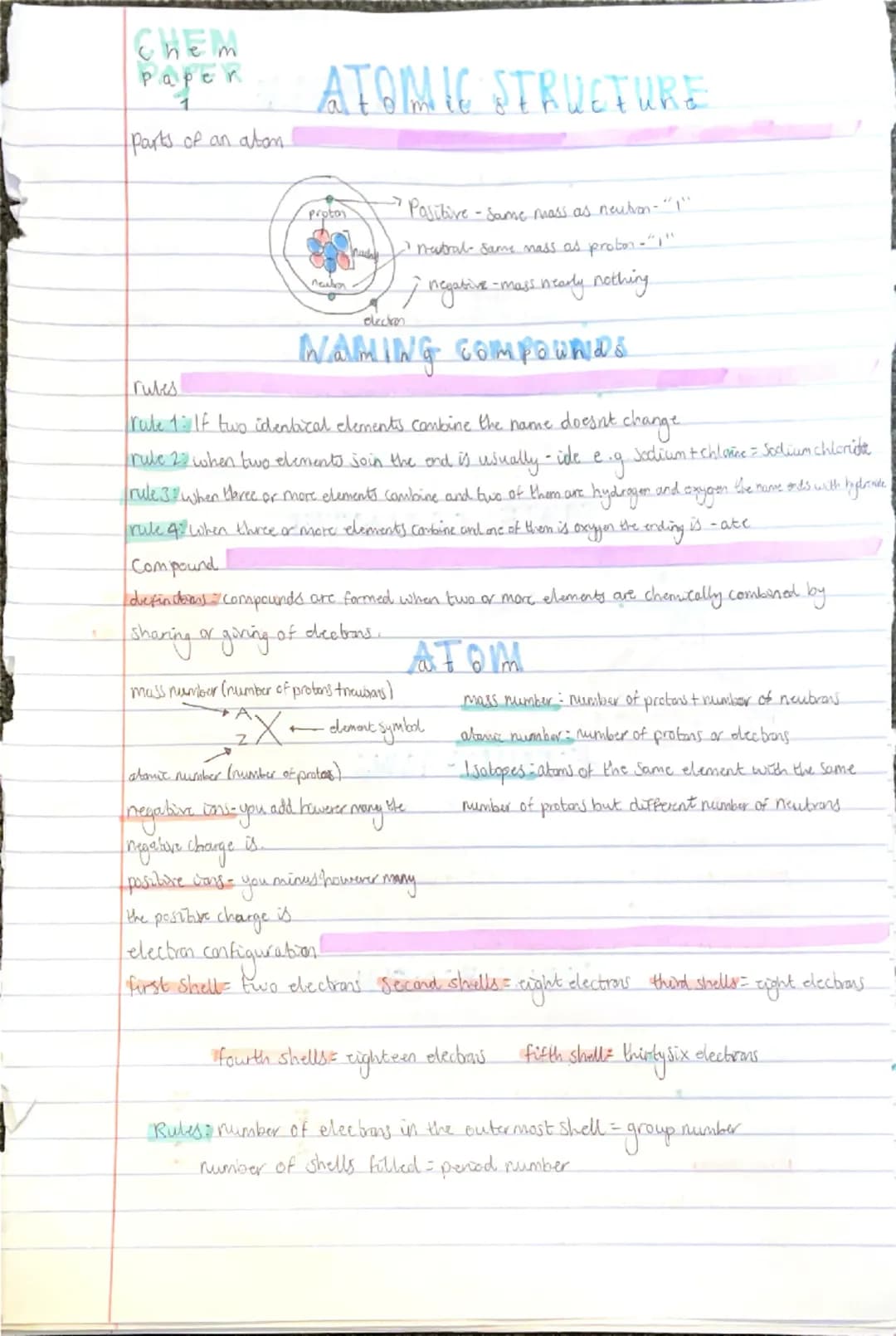 CHEM
Papen
PAPER ATOMIC STRUCTURE
1
Parts of an atom
7
proton
Positive
- Same mass as neutron- "I"
rules
naubon
electron
netral- same mass a