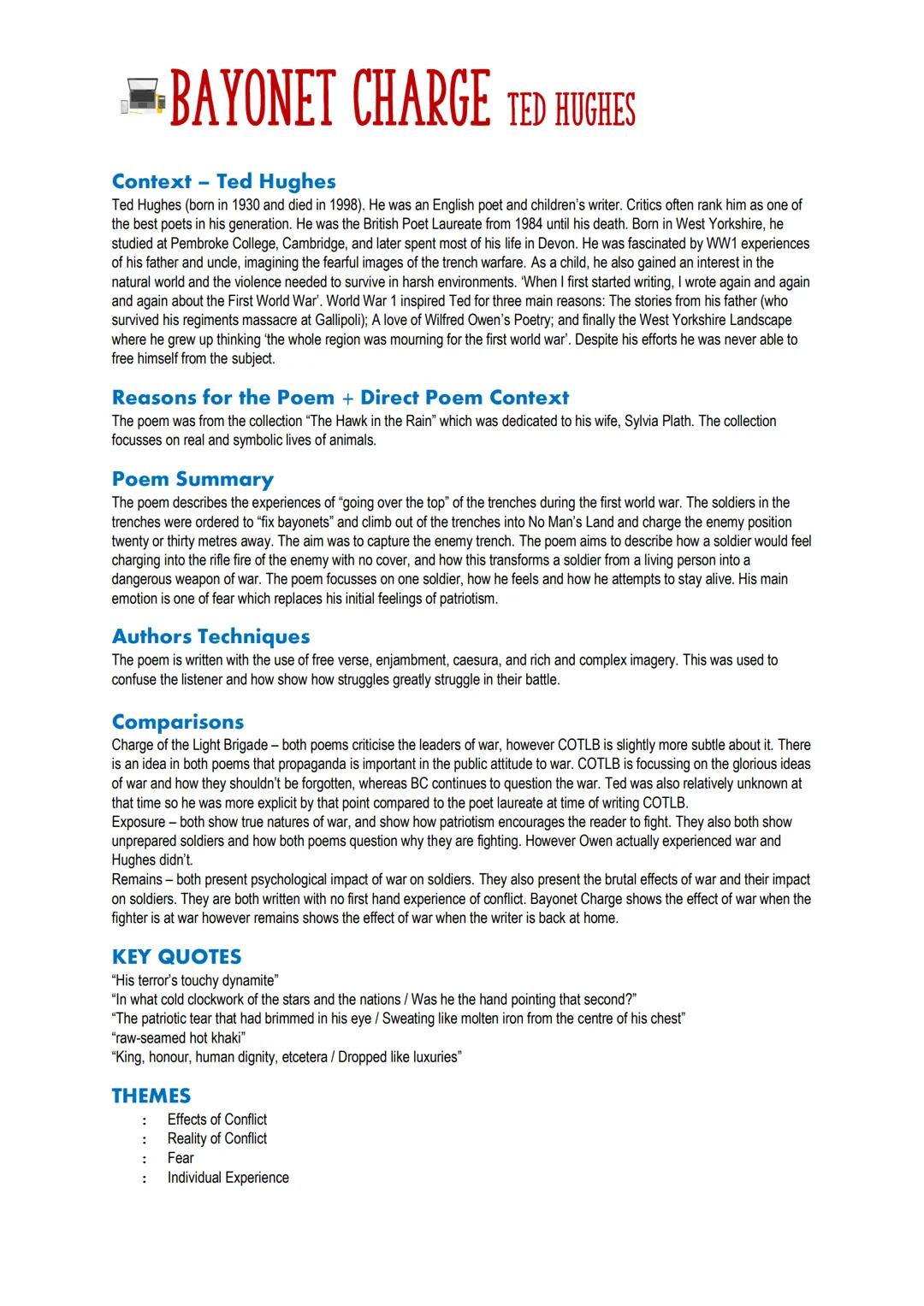 BAYONET CHARGE TED HUGHES
Context - Ted Hughes
Ted Hughes (born in 1930 and died in 1998). He was an English poet and children's writer. Cri