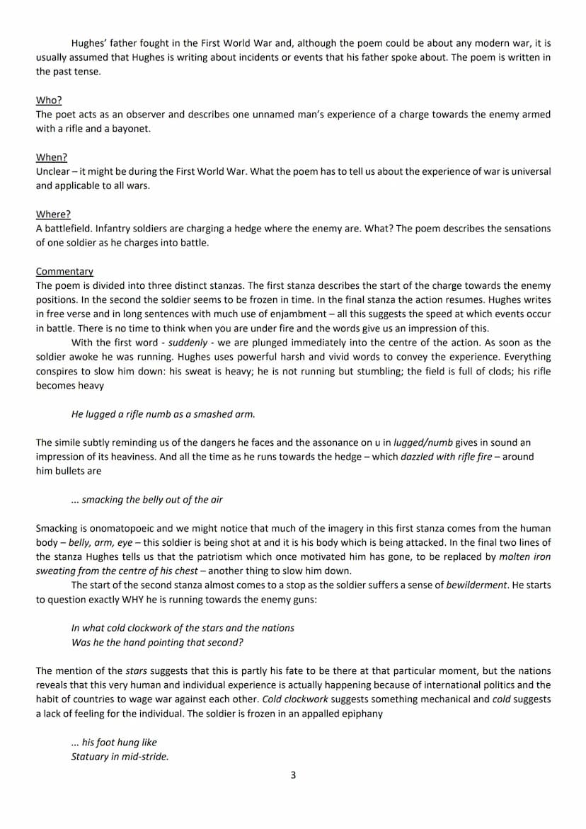 
<h2 id="bayonetchargepoemanalysis">Bayonet Charge Poem Analysis</h2>
<p>The poem "Bayonet Charge" by Ted Hughes describes a soldier's exper