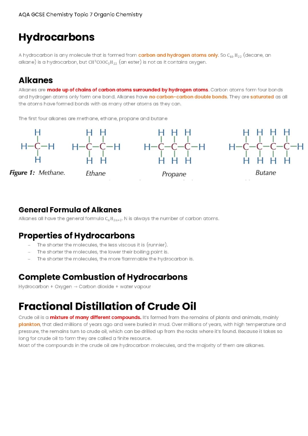 Free GCSE AQA Chemistry Organic Chemistry Revision Notes PDF - Fractional Distillation Explained & Hydrocarbons Properties