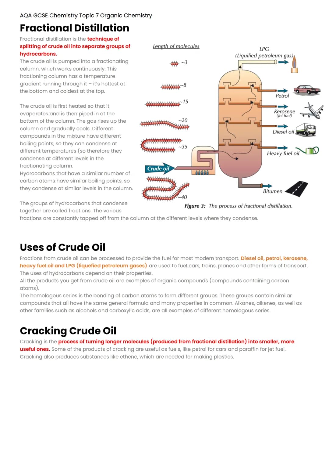 AQA GCSE Chemistry Topic 7 Organic Chemistry
Hydrocarbons
A hydrocarbon is any molecule that is formed from carbon and hydrogen atoms only. 