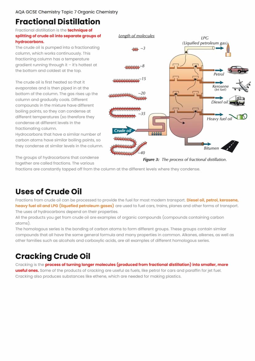 AQA GCSE Chemistry Topic 7 Organic Chemistry
Hydrocarbons
A hydrocarbon is any molecule that is formed from carbon and hydrogen atoms only. 