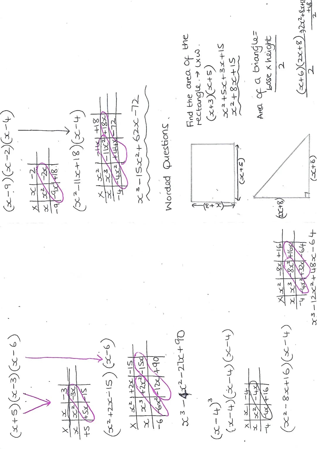 Multiplying Out Triple Brackets
(x+2)(x+3)(x-4)
Ÿ
x
+3
xx²+3x
+2/+2x+6
(3x² + 5x+6) (x=4)
+5x
+6
+5x² +6x
-4-400²-20-24
Xx²
x3
0c3+x²-14x-24