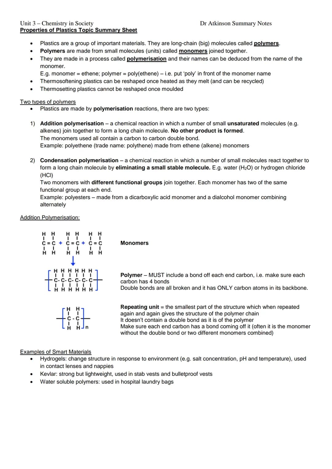Unit 3 - Chemistry in Society
Properties of Plastics Topic Summary Sheet
●
●
●
●
Two types of polymers
Plastics are a group of important mat