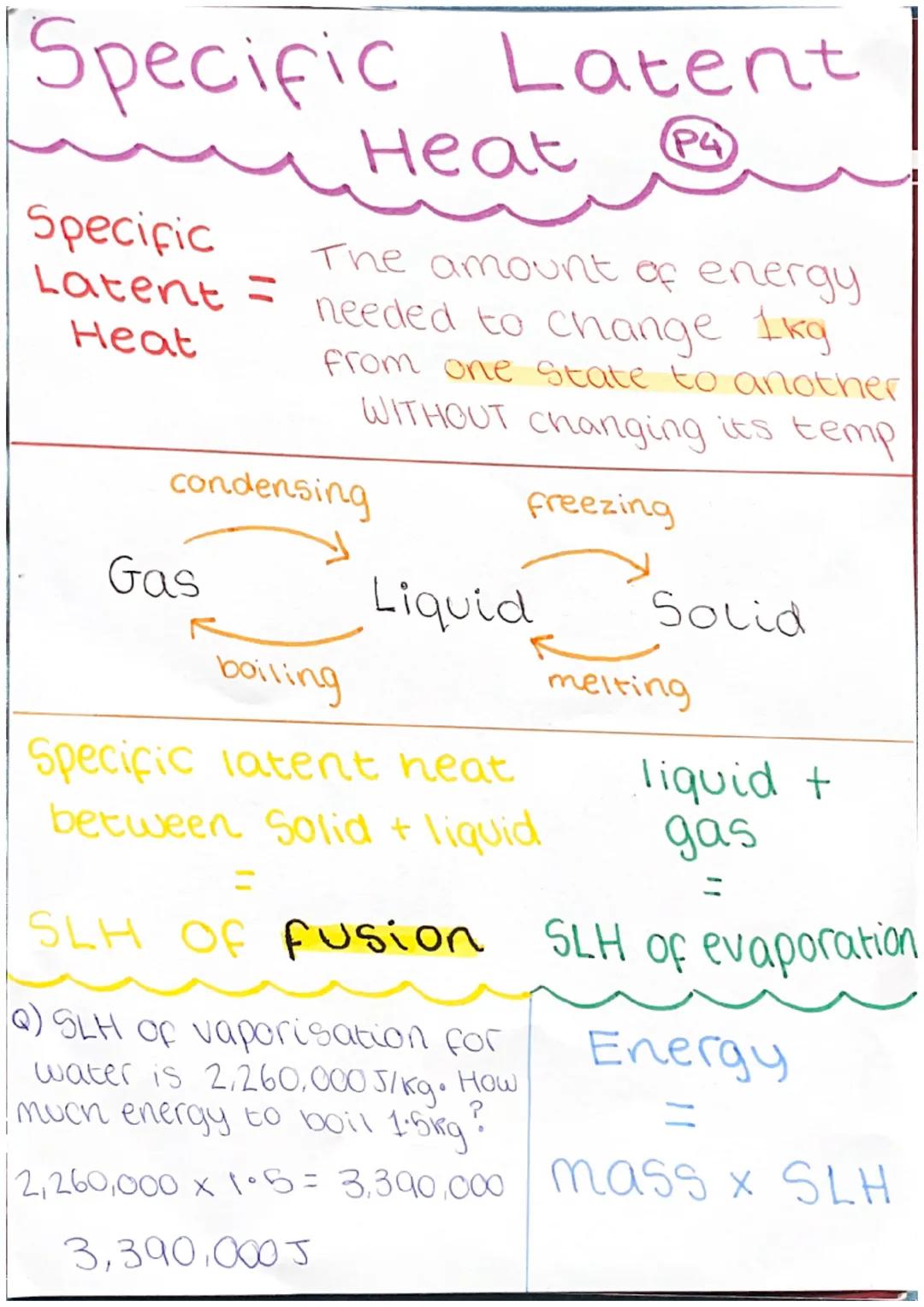 # Specific Latent
Heat
P4
Specific
Latent =
Heat
The amount of energy
needed to change 1kg
from one state to another
WITHOUT changing its te