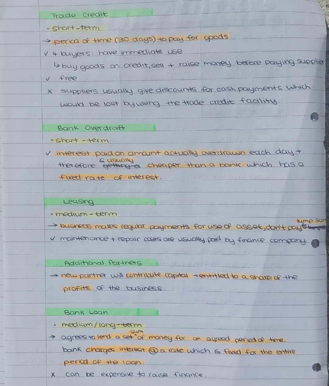 1
FINANCE
Unit 2: developing a business
sources OF FINANCE
Short-term → buy extra inventories, avail of special offers or help.
when trade i