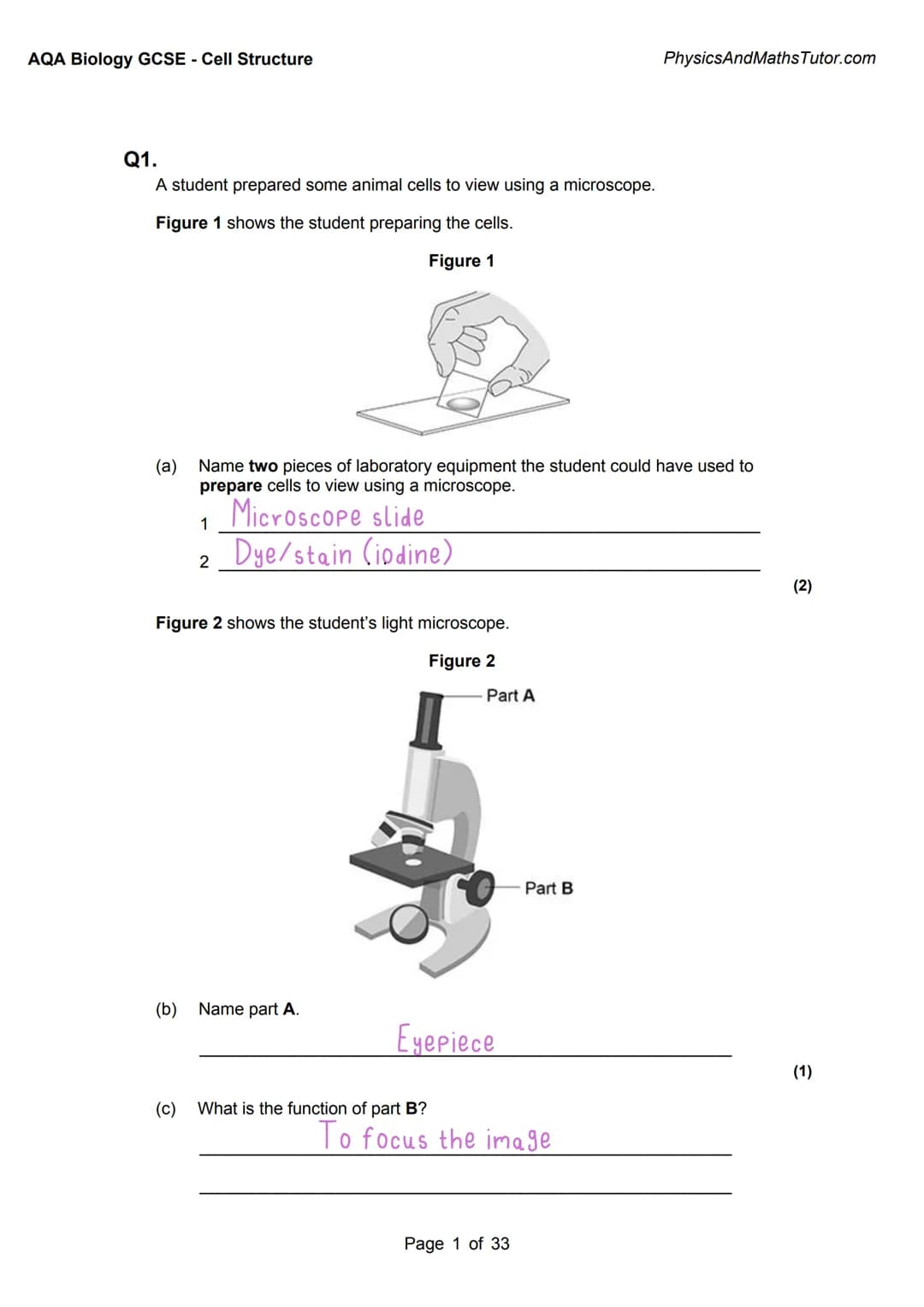 1
AQA BIOLOGY:
Cell Structure
Exam questions +
answered
Answer
Key info
Alternate answers
misbahhussain 1
AQA BIOLOGY:
Cell Structure
Exam q