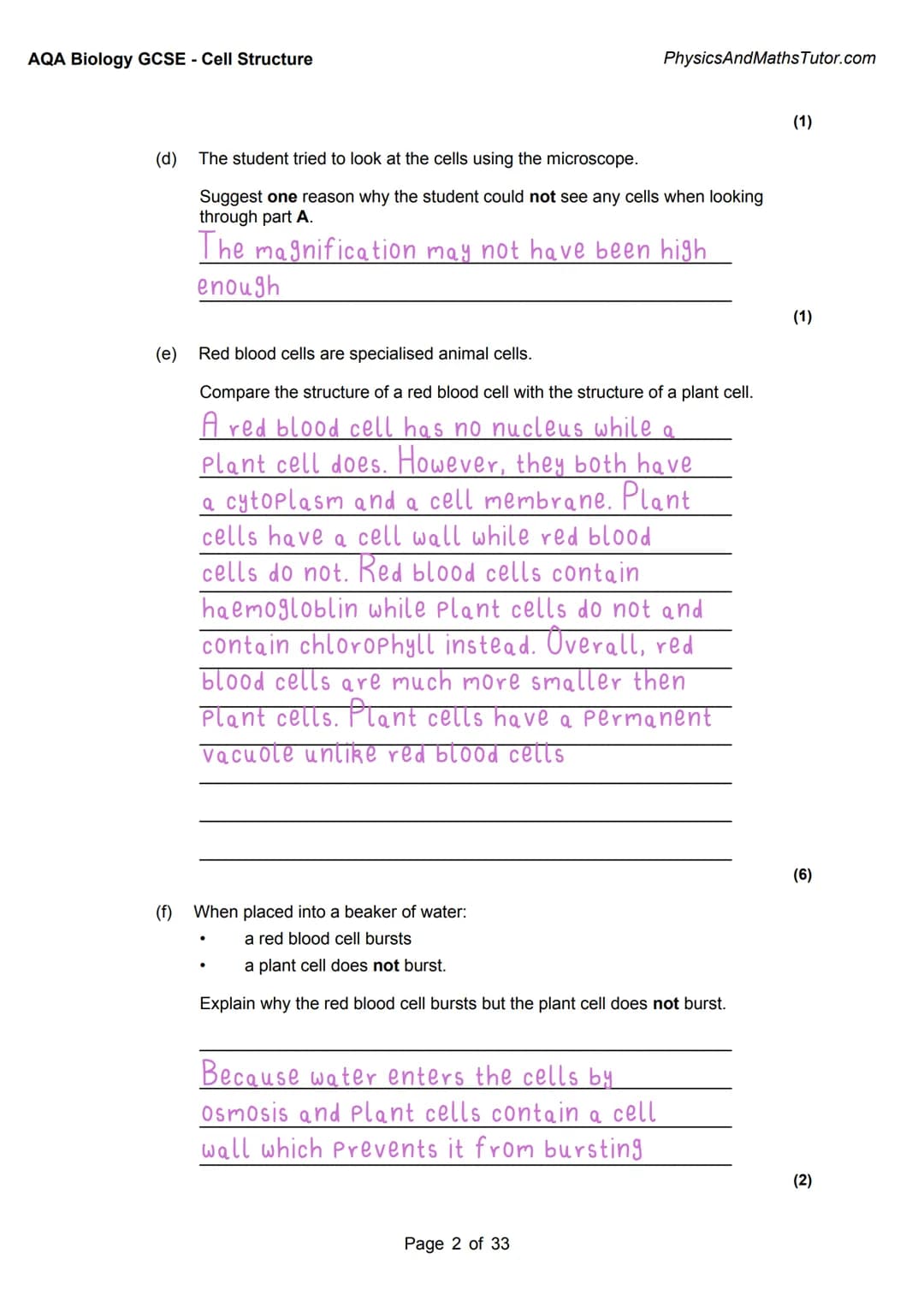 1
AQA BIOLOGY:
Cell Structure
Exam questions +
answered
Answer
Key info
Alternate answers
misbahhussain 1
AQA BIOLOGY:
Cell Structure
Exam q