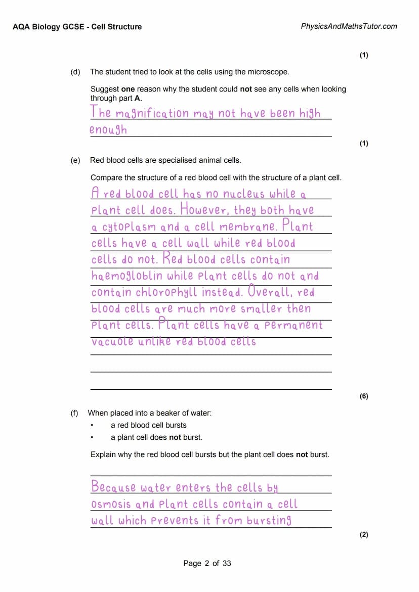 1
AQA BIOLOGY:
Cell Structure
Exam questions +
answered
Answer
Key info
Alternate answers
misbahhussain 1
AQA BIOLOGY:
Cell Structure
Exam q