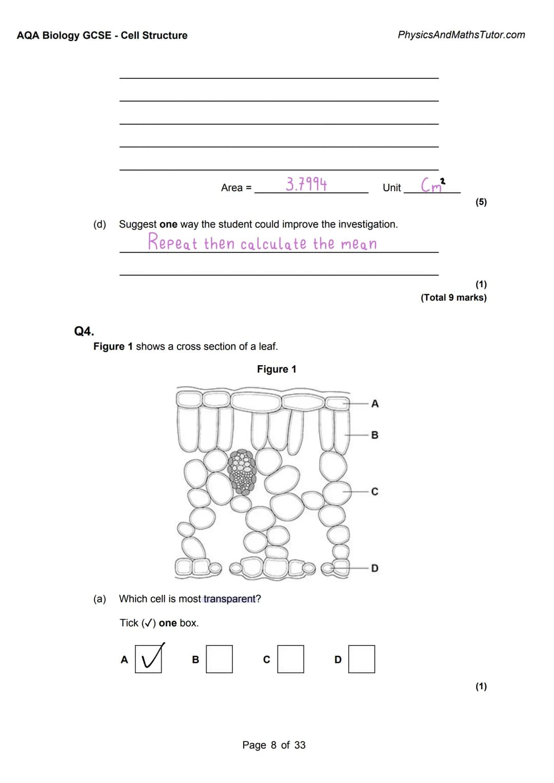 1
AQA BIOLOGY:
Cell Structure
Exam questions +
answered
Answer
Key info
Alternate answers
misbahhussain 1
AQA BIOLOGY:
Cell Structure
Exam q