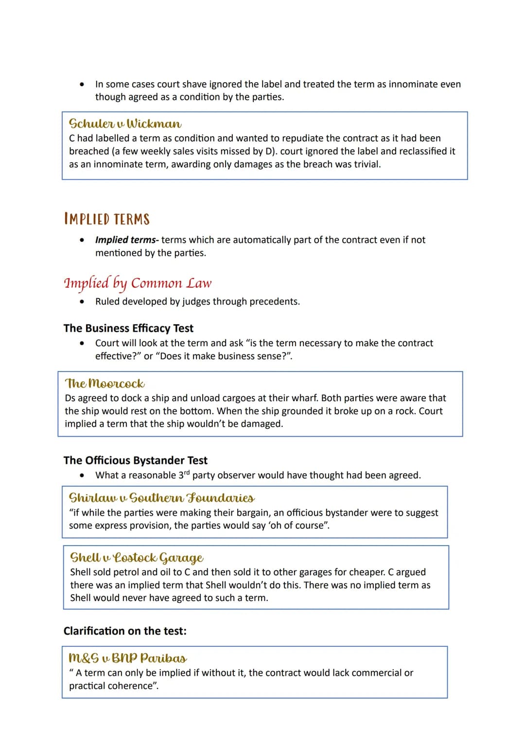 Terms TERMS OR REPRESENTATIONS
•
Terms- the content of the contract/the points agreed between the parties. If a term
is breached, the innoce
