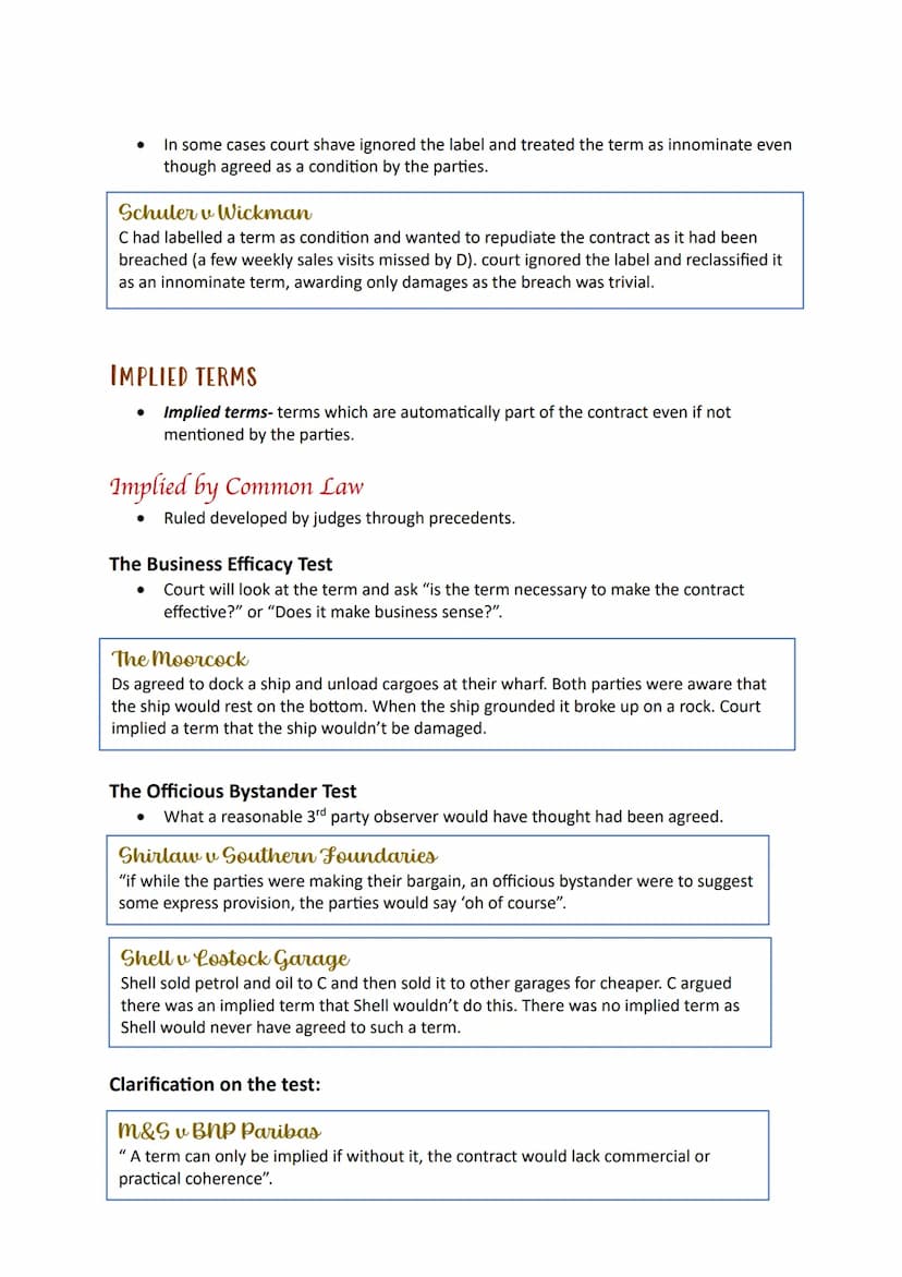 Terms TERMS OR REPRESENTATIONS
•
Terms- the content of the contract/the points agreed between the parties. If a term
is breached, the innoce