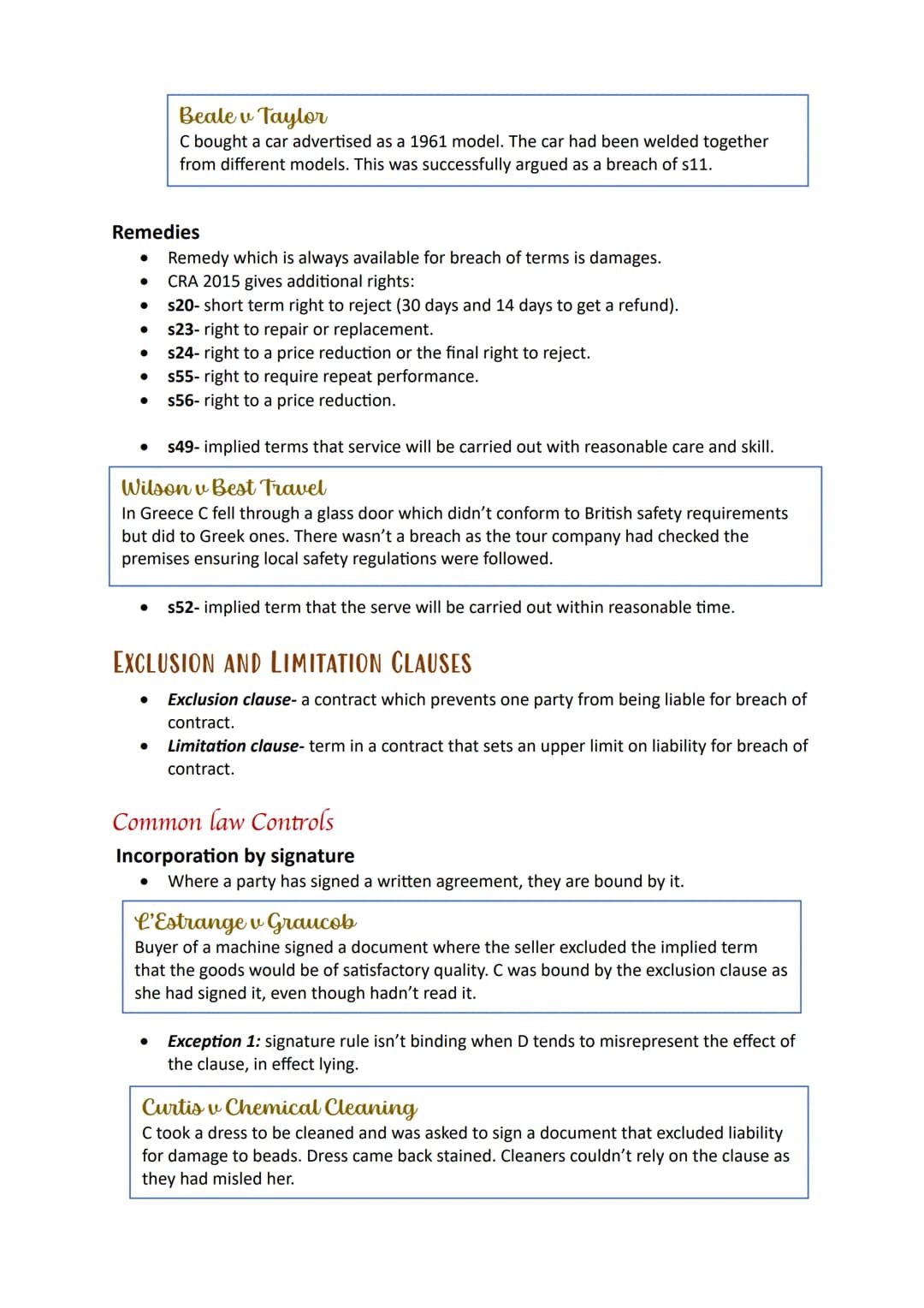 Terms TERMS OR REPRESENTATIONS
•
Terms- the content of the contract/the points agreed between the parties. If a term
is breached, the innoce