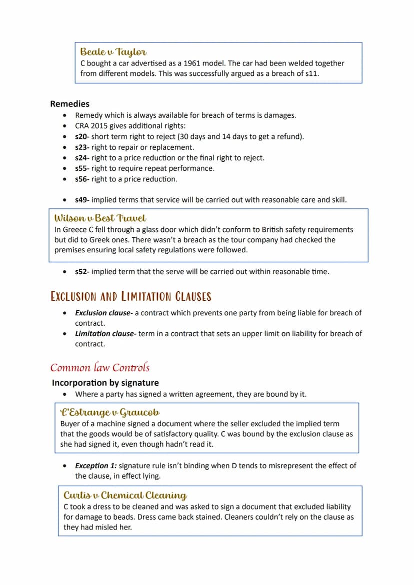 Terms TERMS OR REPRESENTATIONS
•
Terms- the content of the contract/the points agreed between the parties. If a term
is breached, the innoce