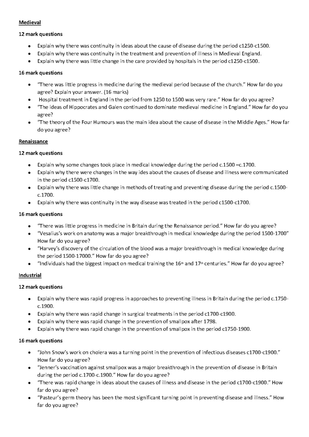 GCSE History: Medicine Through Time Exam Questions - Edexcel & AQA
