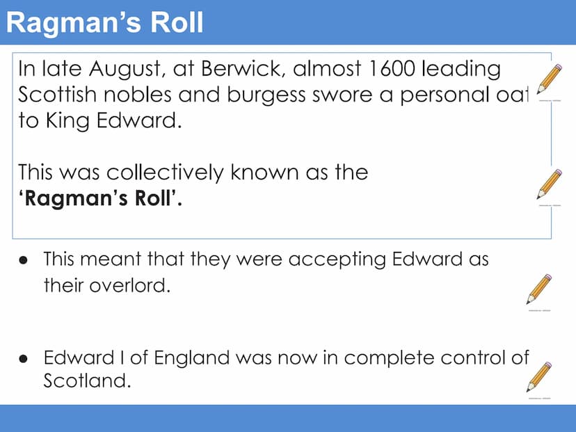 Starter task: Padlet William Wallace and the Scottish resistance
Learning Intention: To understand Wallace's influence on
the wars of indepe