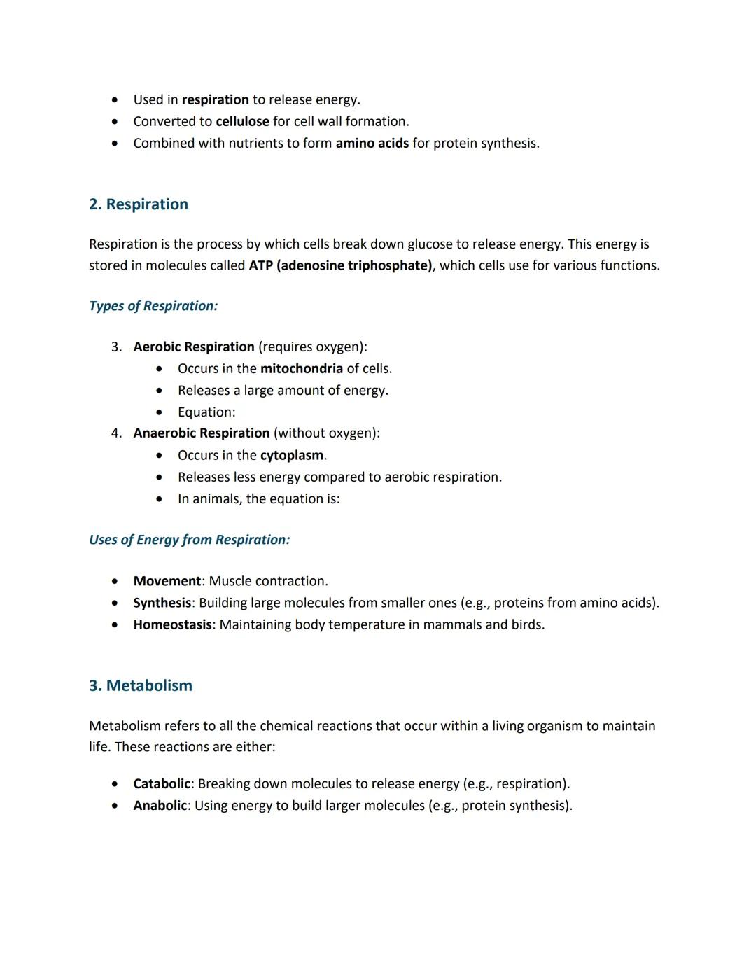 Bioenergetics
1. Photosynthesis
Photosynthesis is the process by which plants, algae, and some bacteria convert light energy
from the sun in