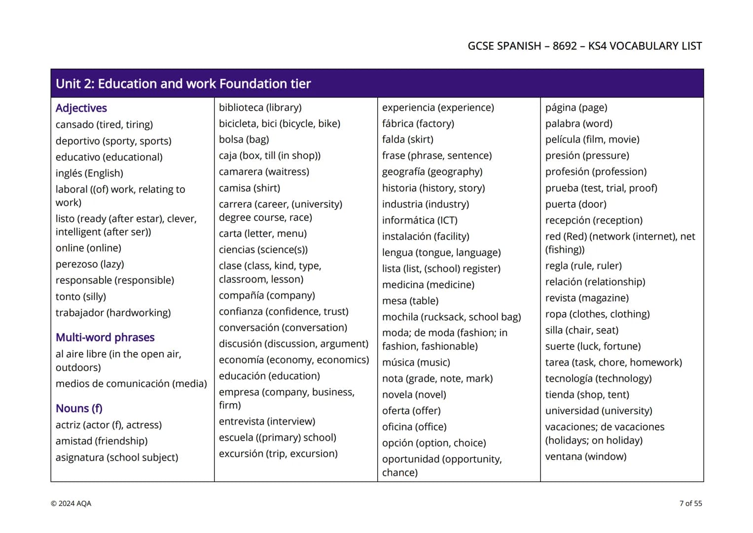 # AQA
Questions matter

# KS4 Vocabulary by unit and tier

This editable GCSE KS4 Spanish (8692) vocabulary resource is a list of vocabulary
