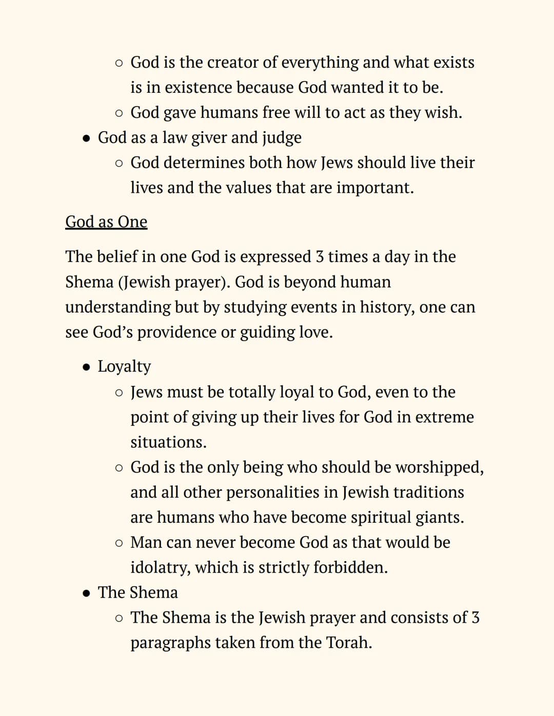 RE
Judaism
Notes
Beliefs and Teachings
The Nature of God
Jews believe in One God, so Judaism is a monotheistic
religion. The nature of God c