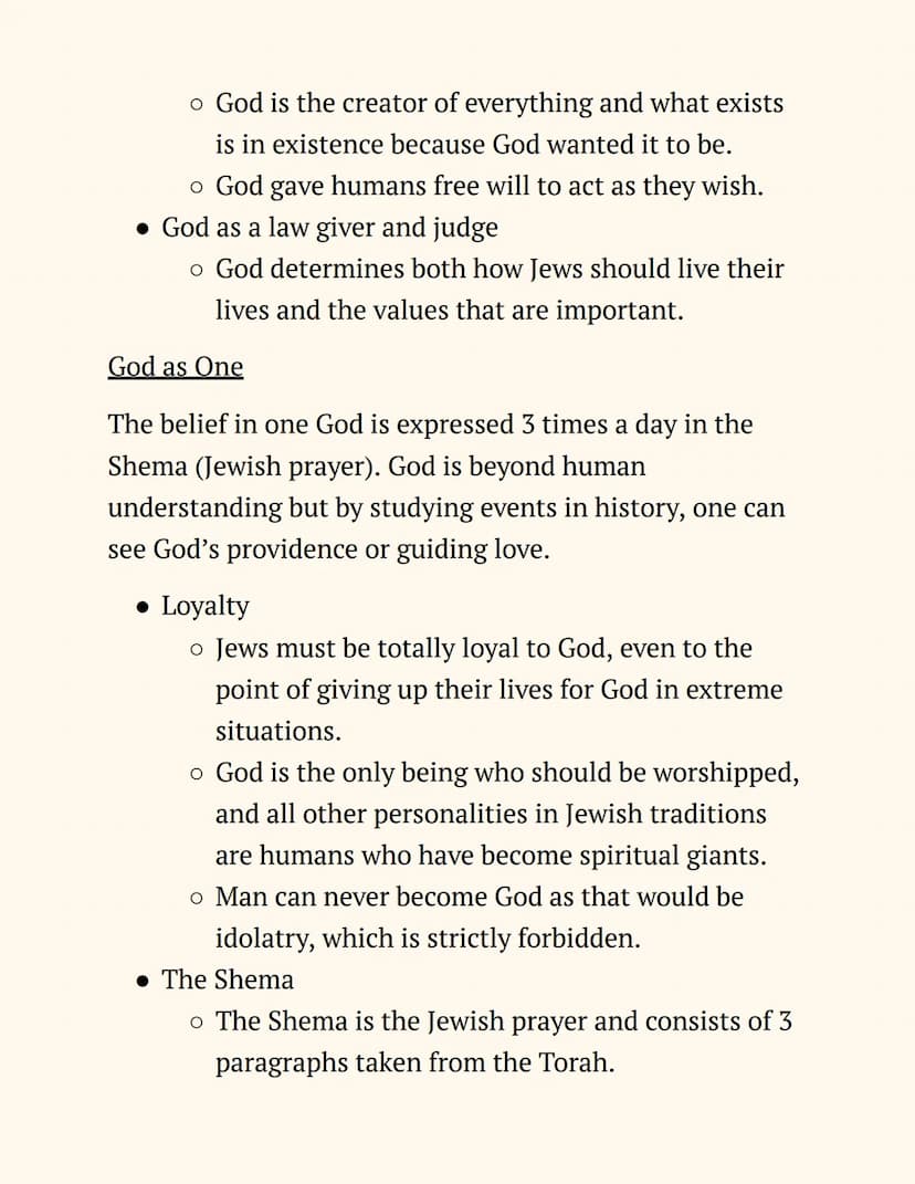 RE
Judaism
Notes
Beliefs and Teachings
The Nature of God
Jews believe in One God, so Judaism is a monotheistic
religion. The nature of God c