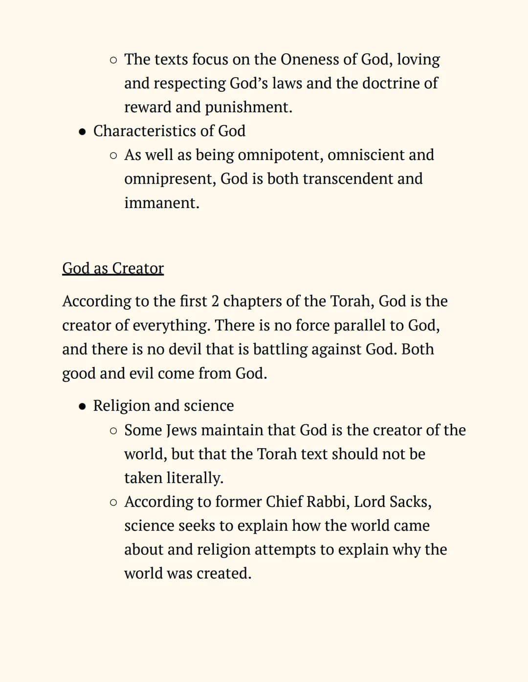 RE
Judaism
Notes
Beliefs and Teachings
The Nature of God
Jews believe in One God, so Judaism is a monotheistic
religion. The nature of God c