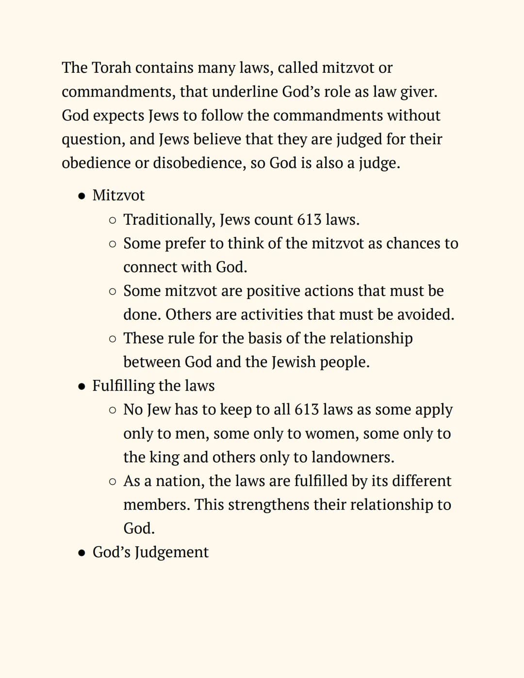 RE
Judaism
Notes
Beliefs and Teachings
The Nature of God
Jews believe in One God, so Judaism is a monotheistic
religion. The nature of God c