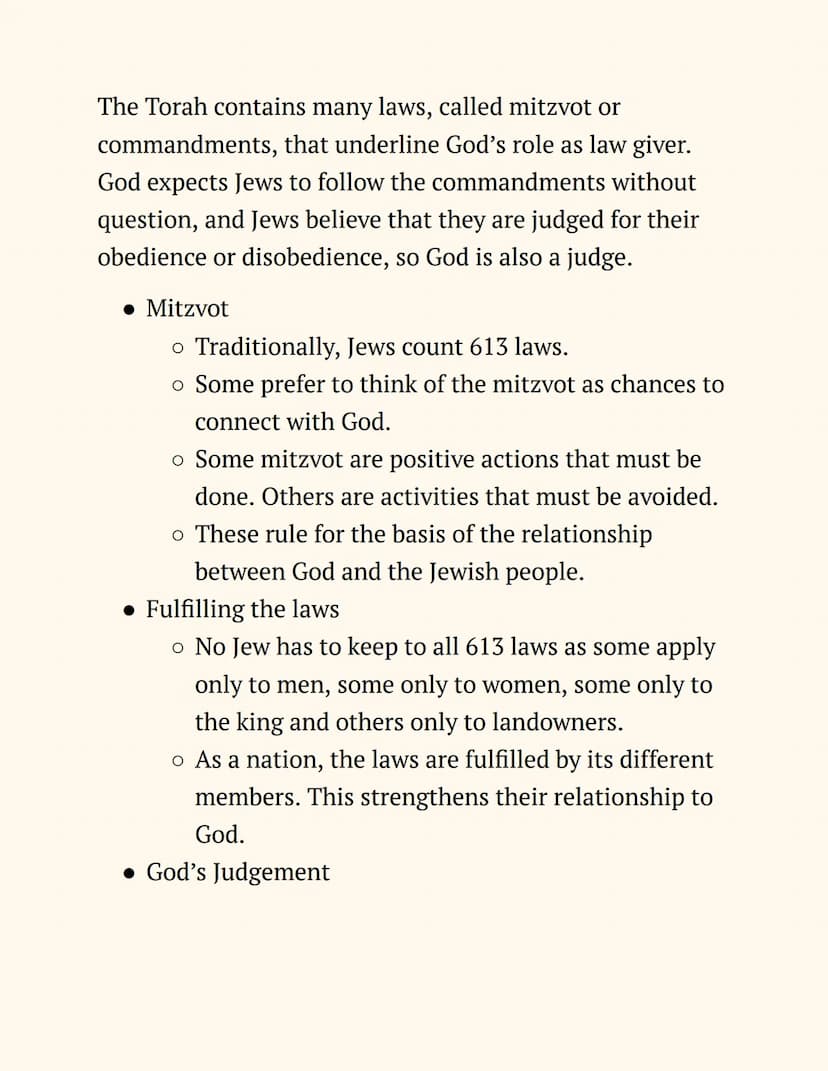 RE
Judaism
Notes
Beliefs and Teachings
The Nature of God
Jews believe in One God, so Judaism is a monotheistic
religion. The nature of God c