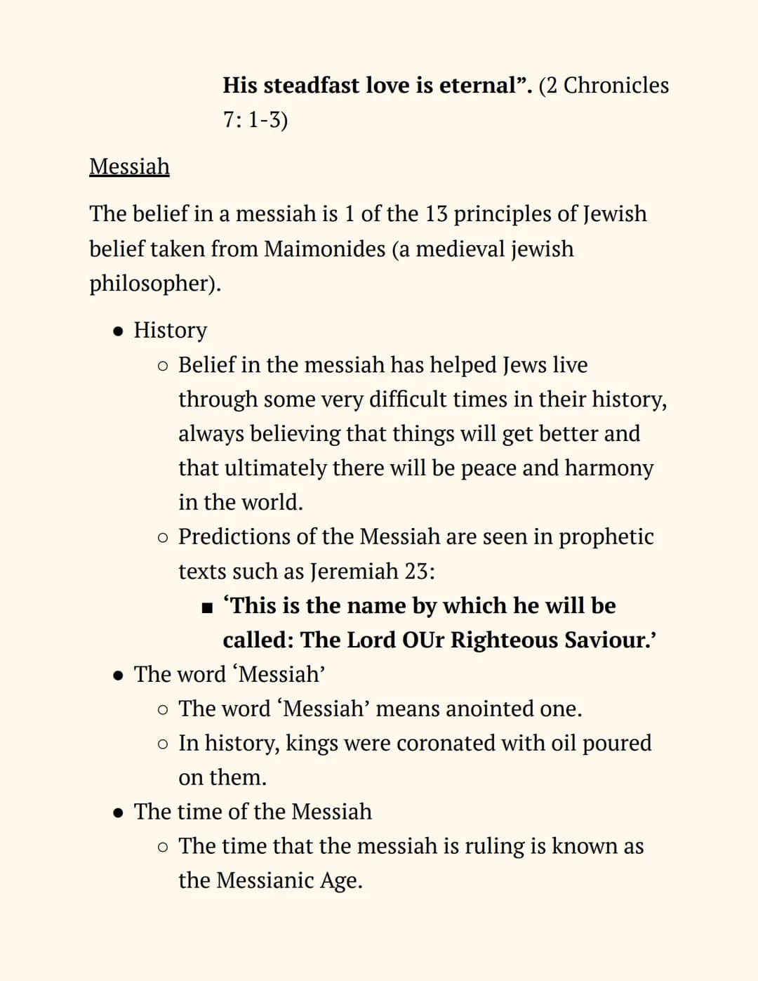 RE
Judaism
Notes
Beliefs and Teachings
The Nature of God
Jews believe in One God, so Judaism is a monotheistic
religion. The nature of God c