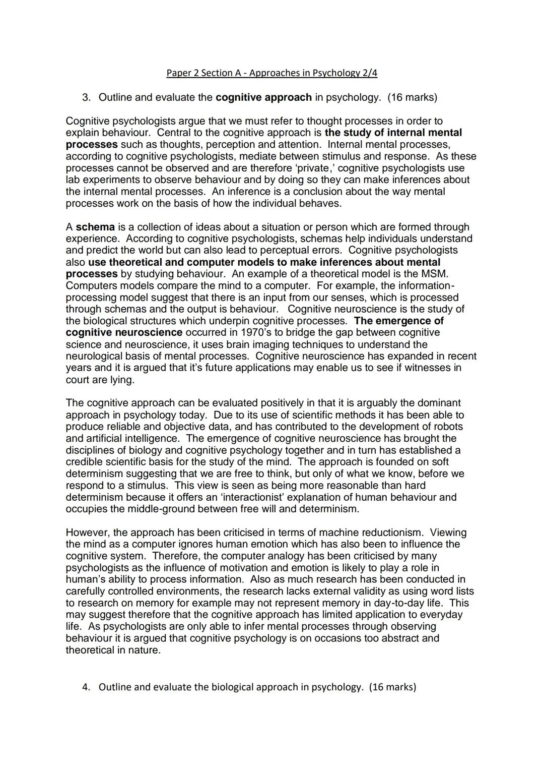 Paper 2 Section A - Approaches in Psychology 2/4

3. Outline and evaluate the cognitive approach in psychology. (16 marks)

Cognitive psycho