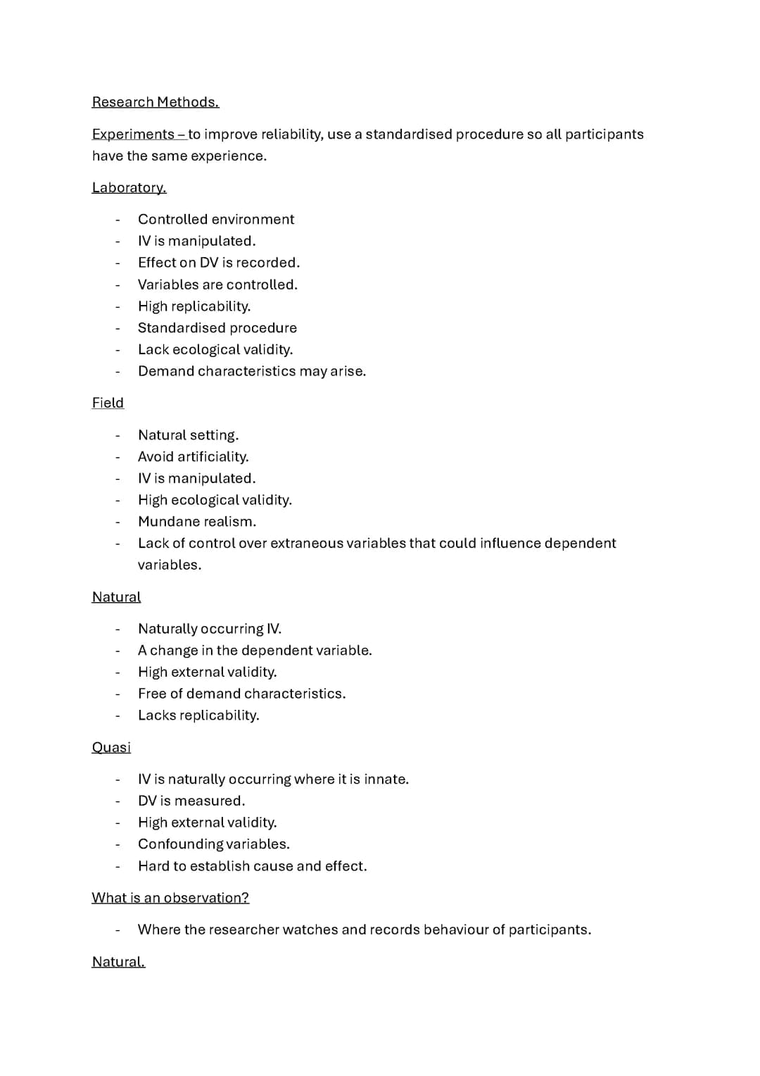 Research methods - A level psychology