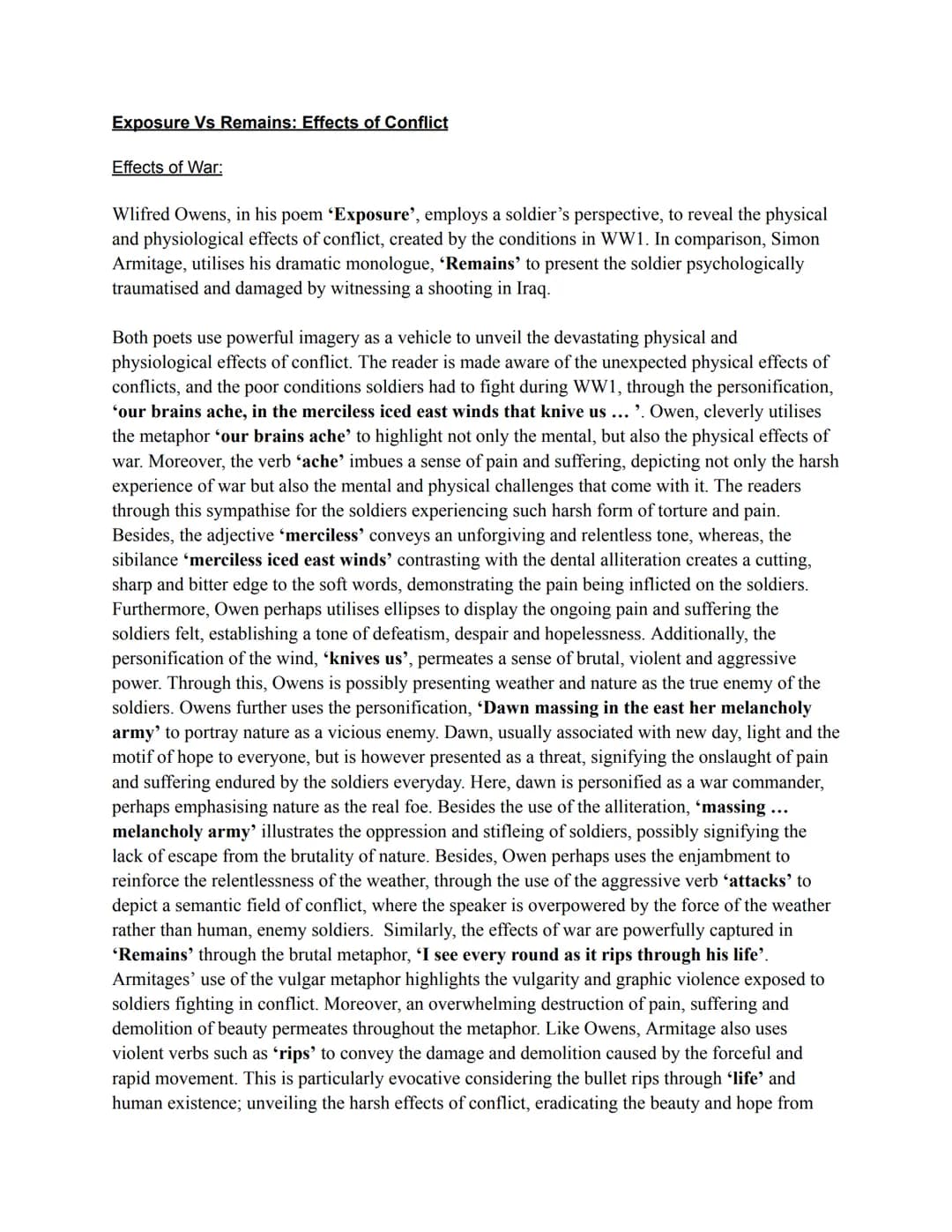 Exposure Vs Remains: Effects of Conflict
Effects of War:
Wlifred Owens, in his poem 'Exposure', employs a soldier's perspective, to reveal t