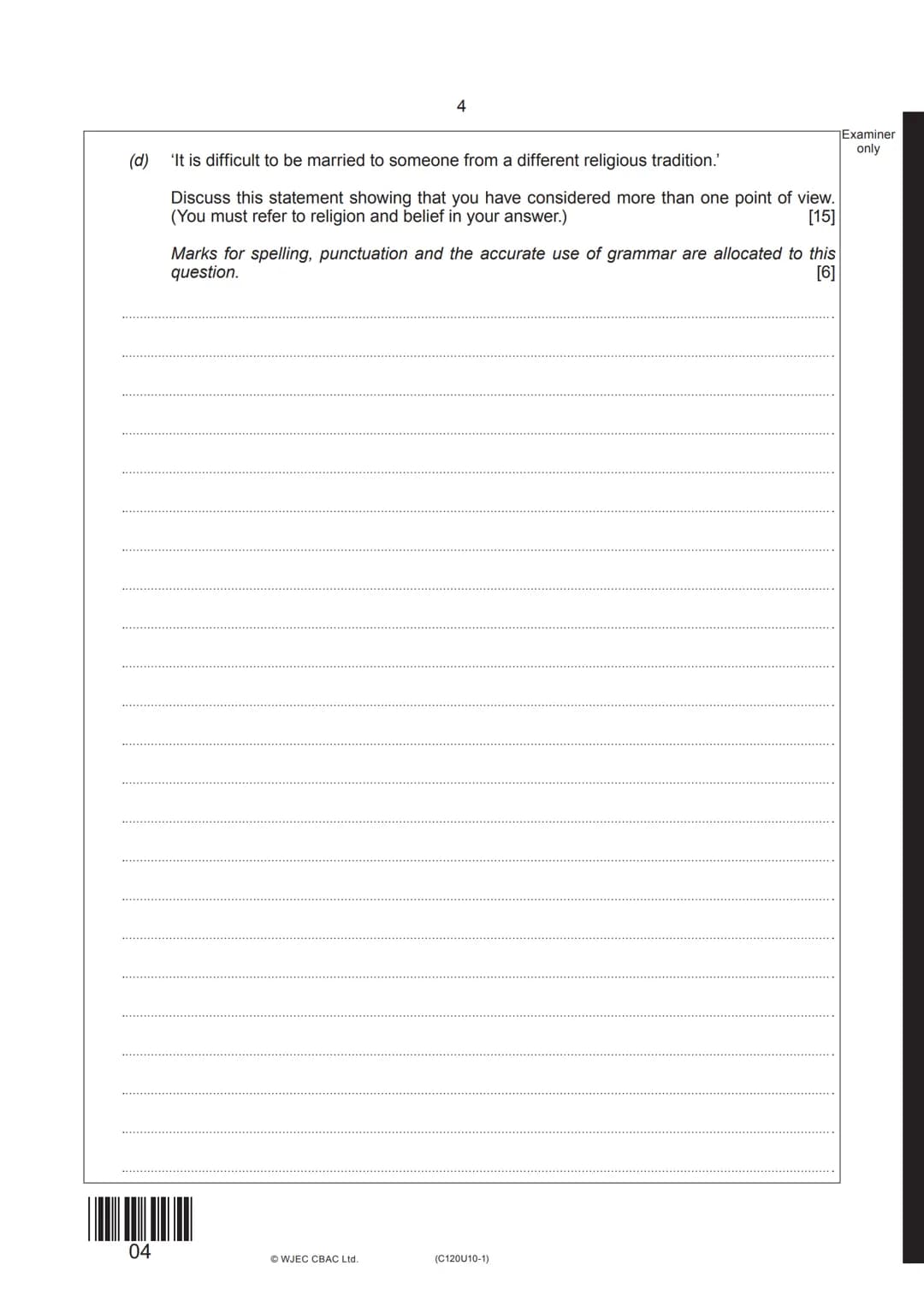 Surname
First name(s)
wjec
cbac
GCSE
C120U10-1
020-C120U10-1
Centre
Number
TUESDAY, 3 NOVEMBER 2020-AFTERNOON
RELIGIOUS STUDIES Route A
Reli
