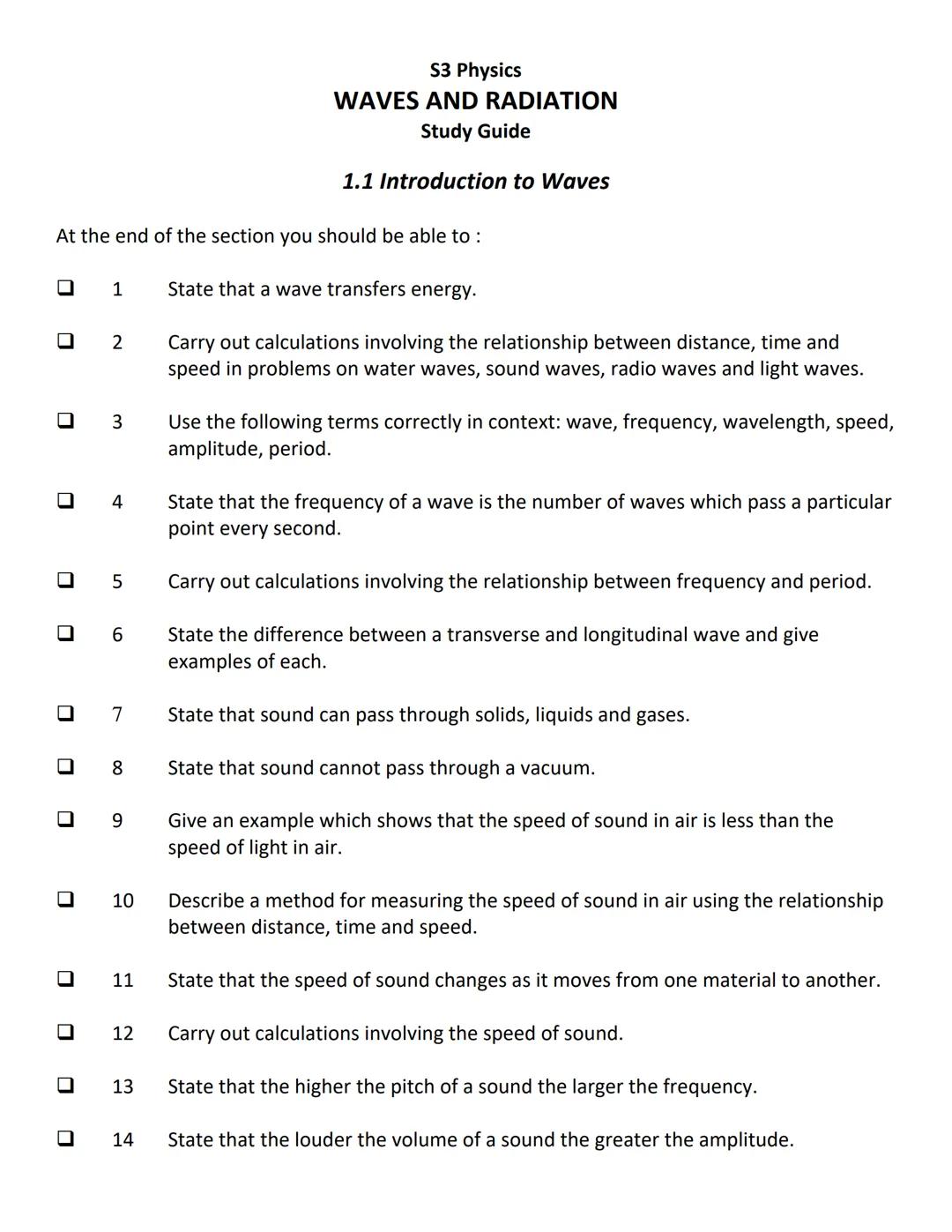 At the end of the section you should be able to:
U
0
U
■
U
U
■
0
1 State that a wave transfers energy.
Carry out calculations involving the 