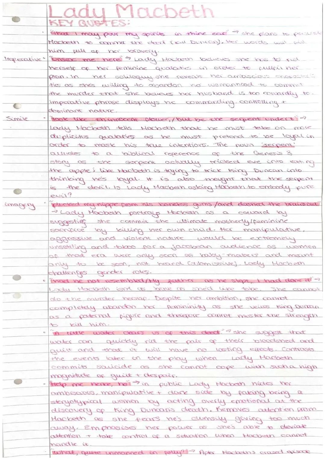 Lady Macbeth key quotes and short analysis